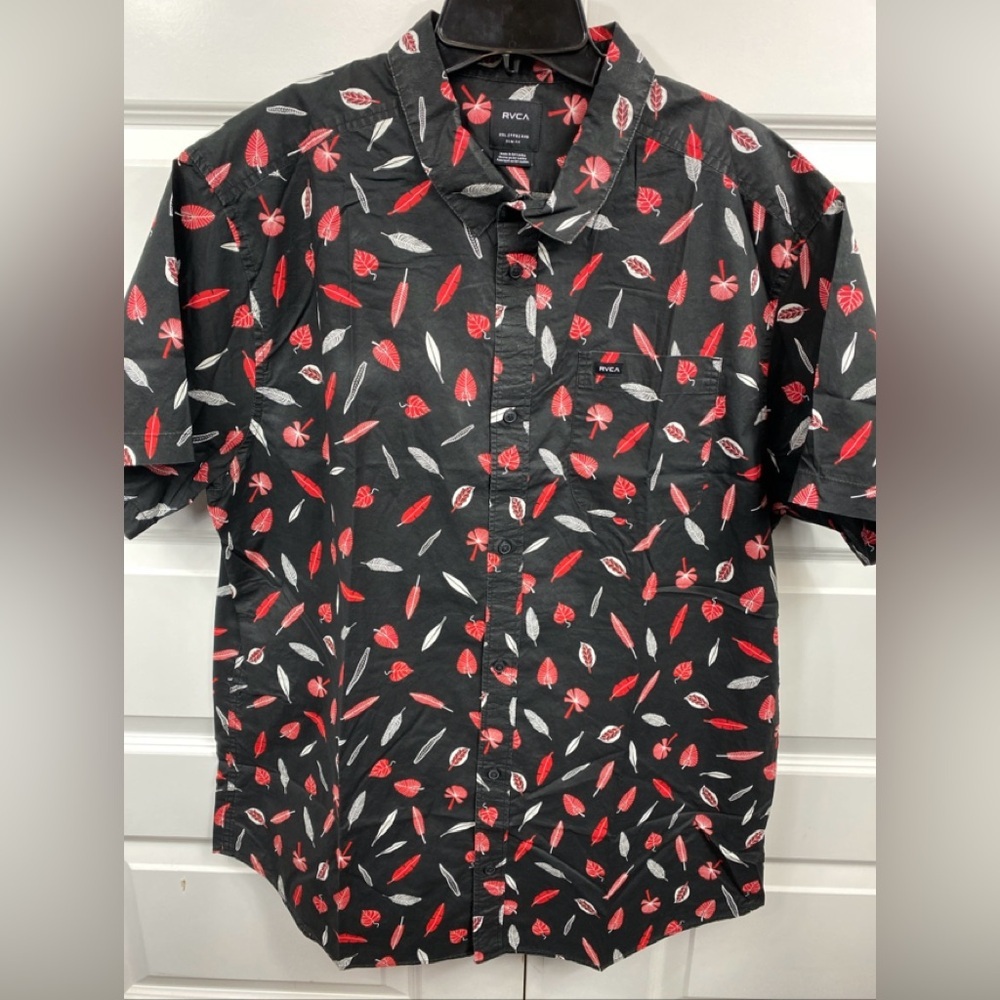 RVCA Slim Fit Button Up Shirt All Over Leaves  Pattern Casual Black Red XXL 2XL